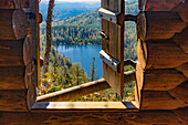 View of the Rachelsee from the Rachel Chapel, Bavarian Forest, Lower Bavaria, Bavaria, Germany