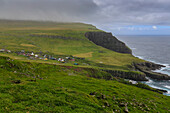 View of Mykines village on the coast. From far. Mykines, Faroe Islands. puffin.