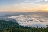 Blick vom Kalbe ins Tal unter Wolken, Sonnenaufgang, Hohe Meißner, Hessen, Deutschland.