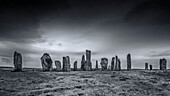 Stone circle Callanish stone circle, Isle of Lewis, Scotland. black-and-white.