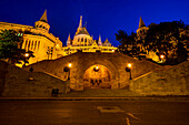 The illuminated Fisherman's Bastion during the blue hour in Budapest, Hungary