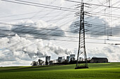 Power station and electricity pylons, brown coal power station Neurath, Grevenbroich, North Rhine-Westphalia, Germany