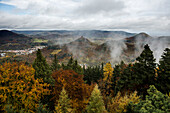 Forest and mountains in autumn, view from the Rehbergturm to Trifels Castle, Annweiler, Palatinate Forest, Rhineland-Palatinate, Germany