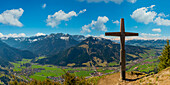 Panorama from Hirschberg, 1456m, into the Ostrachtal with Bad Oberdorf, Bad Hindelang and Imberger Horn, 1656m, Oberallgäu, Allgäu, Swabia, Bavaria, Germany, Europe