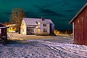 Empty wooden house, northern lights, Raattama, Lapland, Finland