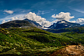 Sognefjellvegen in Norway, lonely country road, high plateau, glacier, cloud images