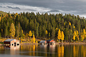 Red boathouses on the autumnal lake. Ullanger, Västernorland, Sweden.