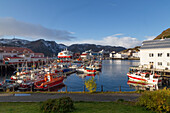 Blick auf Hafen von Honningsvag, Finnmark, Nordkapp, Norwegen. Hurtigruten.