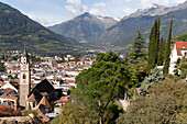 View of the old town of Meran with the powder tower. Meran, South Tyrol.