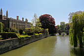 River Cam and Clare College, Cambridge, England in sunshine.