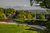 Blick auf Kloster Bolton an Flussschleife. Bäume im Vordergrund. Bolton Abbey, Cavendish Memorial, North Yorkshire, England.