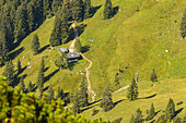 Mountain rescue hut on the Geigelstein, view from the summit of the Geigelstein. Schleching, Chiemgau Alps, Upper Bavaria, Bavaria, Germany, Europe