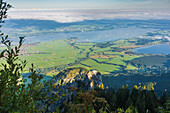 Blick vom Tegelberg aus auf den Forggensee und Bannwaldsee, Nebelschwaden im Tal. Füssen, Schwangau, Allgäu, Schwaben, Bayern, Deutschland, Europa