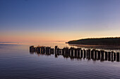 Groynes on the Baltic Sea at dawn. deserted. Szczecin Lagoon, Baltic Sea, Mecklenburg-West Pomerania, Germany, Europe