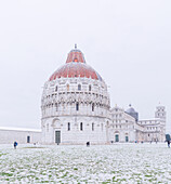 Baptistery, Cathedral and Leaning Tower in a snowy day, Pisa, Tuscany, Italy, Europe