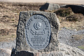 Memorial stone on the Goetheweg, hiking trail to the Brocken, Harz National Park, Torfhaus, Lower Saxony, Germany