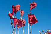 Rote Reusenflaggen, Flaggen für Fischernetze, Vitte, Hiddensee, Ostsee, Mecklenburg-Vorpommern, Deutschland
