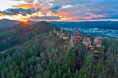 Sunset over the Altdahn castle group near Dahn, Palatinate Forest, Wasgau, Rhineland-Palatinate, Germany