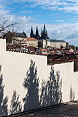 Wall with tree shadows, Prague Castle behind, St Vitus Cathedral, Prague, Czech Republic