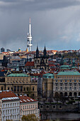 Dark rain clouds, TV Tower, Tyn Church, Prague, Czech Republic