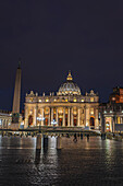 Night shots of St. Peter's Basilica and Vatican Obelisk, Rome, Lazio, Italy, Europe
