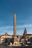 Piazza del Popolo with obelisk and the two churches Santa Maria dei Miracoli Santa Maria in Monte Santo, Rome, Lazio, Italy, Europe