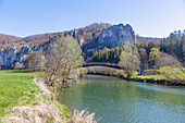 Danube valley near Thiergarten with Danube Cycle Path and Rabenfelsen, Upper Danube Nature Park in the Swabian Jura, Baden-Württemberg, Germany