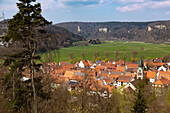 Fridingen an der Donau, view from the wooden cross at the Laibfelsen, Upper Danube Nature Park in the Swabian Jura, Baden-Württemberg, Germany