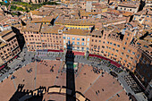 View from the Torre Del Mangia tower over the old town and Piazza Del Campo, Siena, Tuscany, Italy, Europe