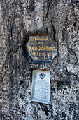 Goldene Inschrift, Erinnerung an die Bastei-Eröffnung, Bastei, Elbsandsteingebirge, Rathen, Sachsen, Deutschland