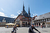 Historic town hall, market square, tourists, Wernigerode, Saxony-Anhalt, Germany