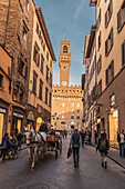 Kutsche vor dem Rathaus Palazzo Vecchio, Piazza della Signoria, Florenz, Toskana, Italien, Europa