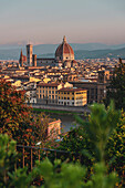 Blick vom Rosen Garten Giardino delle Rose, Stadtpanorama Florenz unterhalb vom Piazzale Michelangelo, Toskana, Italien, Europa