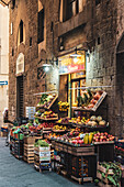 Greengrocery shop in alley, Florence, Tuscany, Italy, Europe