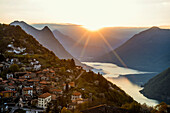 View of Brè, sunrise, Monte Brè, Lugano, Lake Lugano, Lago di Lugano, Ticino, Switzerland