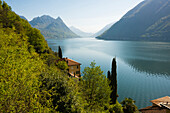Häuser und Zypressen am See, Gandria, Lugano, Luganer See, Lago di Lugano, Tessin, Schweiz