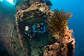 Divers on the stern of the Maldive Victory Wreck, Hulhule, North Male Atoll, Maldives
