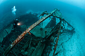 Divers at the Fortunal Wreck, Vis Island, Mediterranean Sea, Croatia