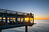 The lounge of the Seebruecke in Heiligenhafen at sunset, Baltic Sea, Ostholstein, Schleswig-Holstein, Germany