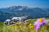 Schlernhaus with Latemar in the background, Schlernhaus, Sciliar, Dolomites, UNESCO World Heritage Dolomites, South Tyrol, Italy
