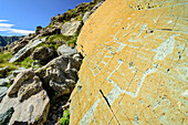 Bronzezeitliche Felsritzzeichnungen im Vallee des Merveilles, Nationalpark Mercantur, Seealpen, Provence, Frankreich