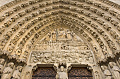 Portal of the Last Judgement and carved stone details on the front of Notre Dame, Paris, France