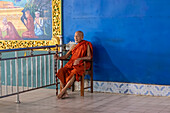Alter buddhistischer Mönch, der im Chaukhtatgyi-Tempel stillsteht, Myanmar, Asien