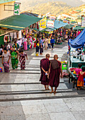 Monks descending the Kyaiktiyo hill, steps, Myanmar, Asia