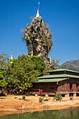 Buddhist Kyauk Kalap Pagoda, rock formation with a stupa, Myanmar, Asia