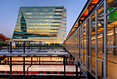 King Street railway station at dusk, downtown architecture in Seattle City, USA