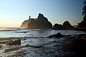 Ruby Beach at sunset, Olympic National Park, rock stacks offshore, USA