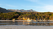 Woodland and mountains scenery, a small sheltered sandy beach on the Atlantic shore, Grotto Beach, South Africa