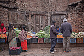 Bunter Gemüsemarkt vor durch Erdbeben zerstörten Ruinen, Bhaktapur, Lalitpur, Kathmandu Tal, Nepal, Himalaya, Asien, UNESCO Weltkulturerbe