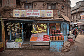 colorful vegetables in the colorless streets of Bhaktapur, Lalitpur, Kathmandu Valley, Nepal, Himalaya, Asia, UNESCO World Heritage Site